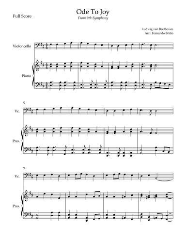 Ode To Joy Theme (from Beethoven's 9th Symphony) for Cello Solo  and Piano Accompaniment (arr. Fernando Britto)