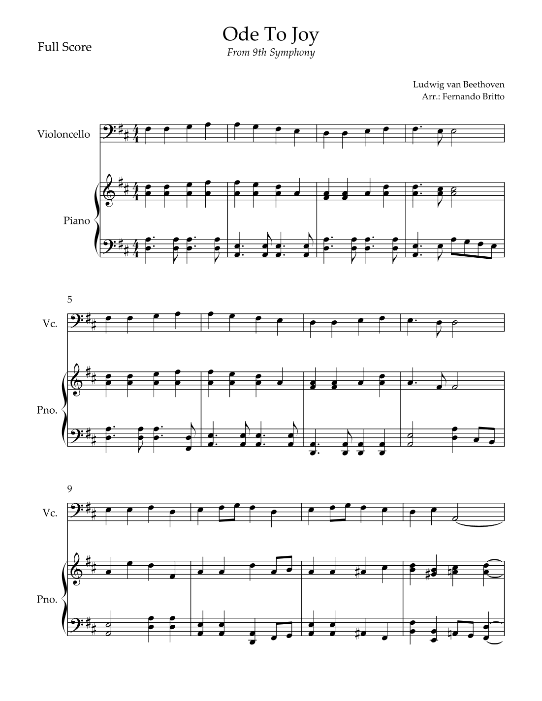 Ode To Joy Theme (from Beethoven's 9th Symphony) for Cello Solo  and Piano Accompaniment (arr. Fernando Britto)
