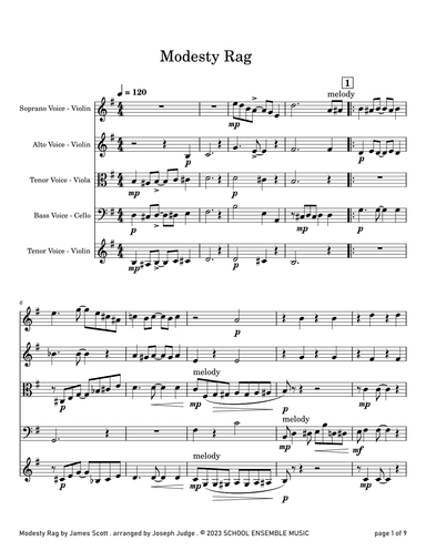 Modesty Rag by James Scott for String Quartet in Schools (arr. Joseph Judge)