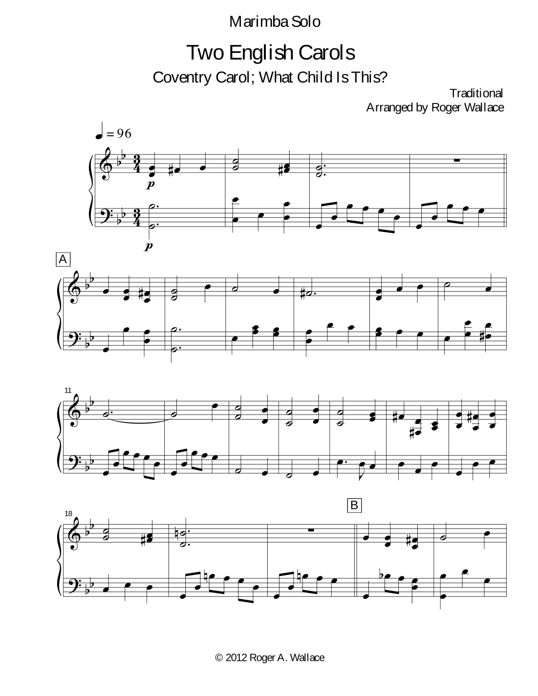 Two English Carols (Coventry Carol; What Child Is This?) - Marimba Solo (arr. Roger Wallace)