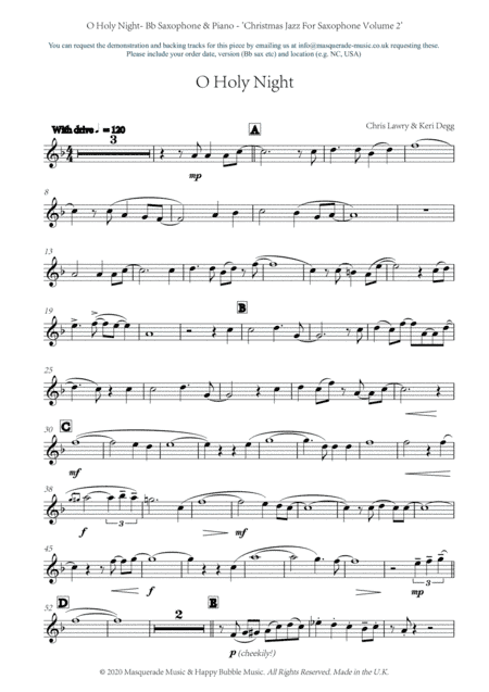O Holy Night - Bb Saxophone and Piano (funk/groove style) by Chris Lawry and Keri Degg. Includes FRE