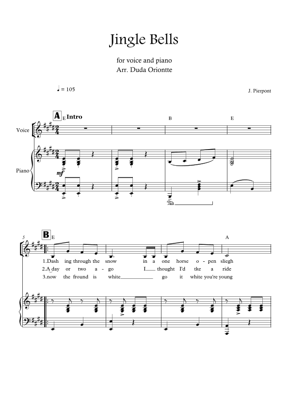 Jingle Bells (E major - one voice - with chords) (arr. Duda Oriontte)