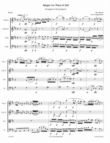 Mozart: Adagio for piano in B minor K 540 arr. for String Quartet (arr. D Oppenheim)