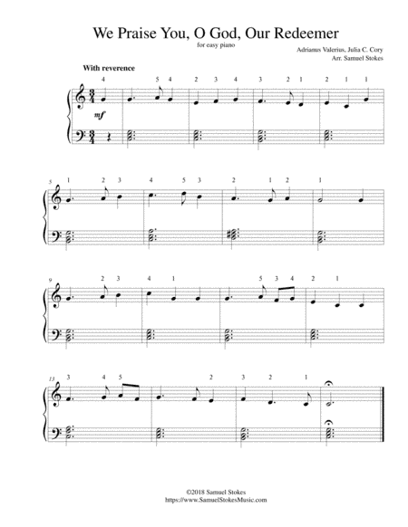 We Praise You, O God, Our Redeemer - for easy piano (arr. Samuel Stokes)