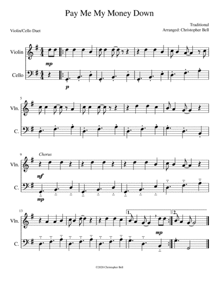 Pay Me My Money Down - Easy Violin/Cello Duet (arr. Christopher Bell)
