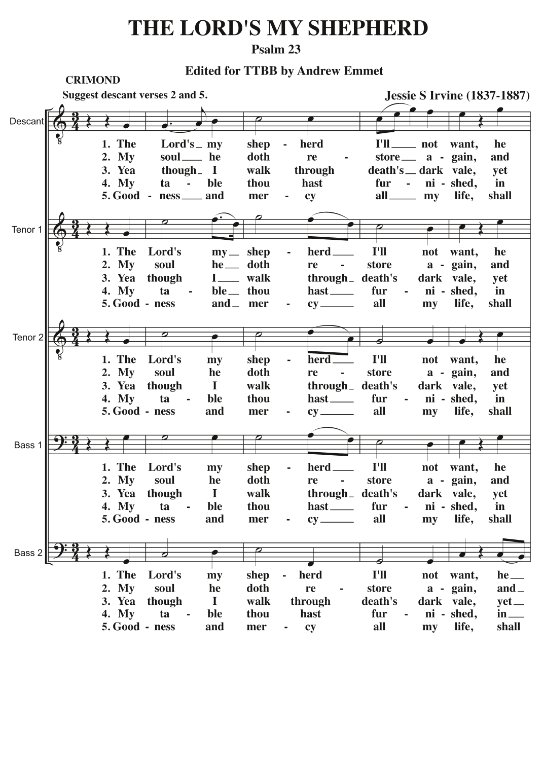The Lord's My Shepherd (Crimond) A Cappella TTBB (arr. Edited by Andrew Emmet)