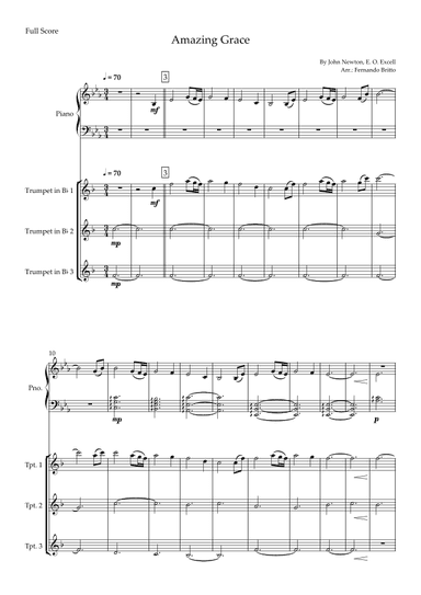 Amazing Grace (John Newton, E. O. Excell) for Trumpet Trio and Piano Accompaniment with Chords (arr. Fernando Britto)
