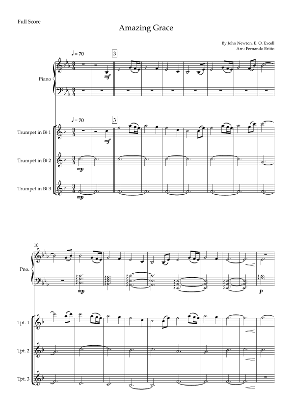 Amazing Grace (John Newton, E. O. Excell) for Trumpet Trio and Piano Accompaniment with Chords (arr. Fernando Britto)