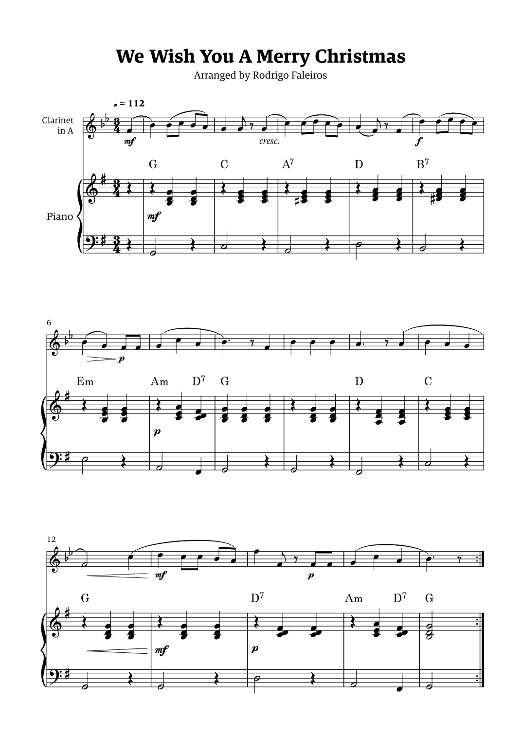 We Wish You a Merry Christmas (for solo clarinet in A with piano accompaniment) (arr. Rodrigo Faleiros)