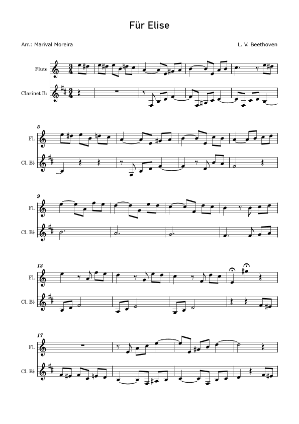 Fur Elise - Beethoven Flute and Clarinet (arr. Marival Moreira)