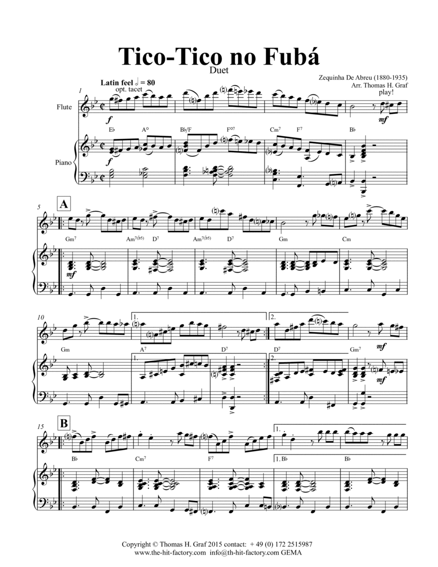 Tico-Tico no Fubá - Choro - Key: G-minor - Piano and Flute (arr. Thomas Graf)