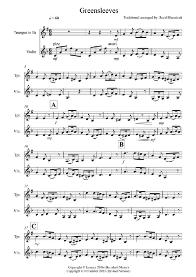 Greensleeves for Trumpet and Violin Duet (arr. David Burndrett)