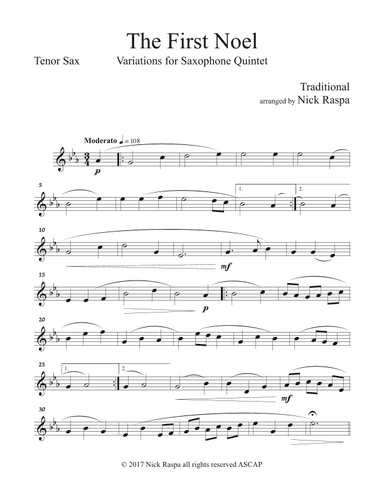 The First Noel - Variations for Sax Quintet (SAATB) Tenor Sax part (arr. Nick Raspa)