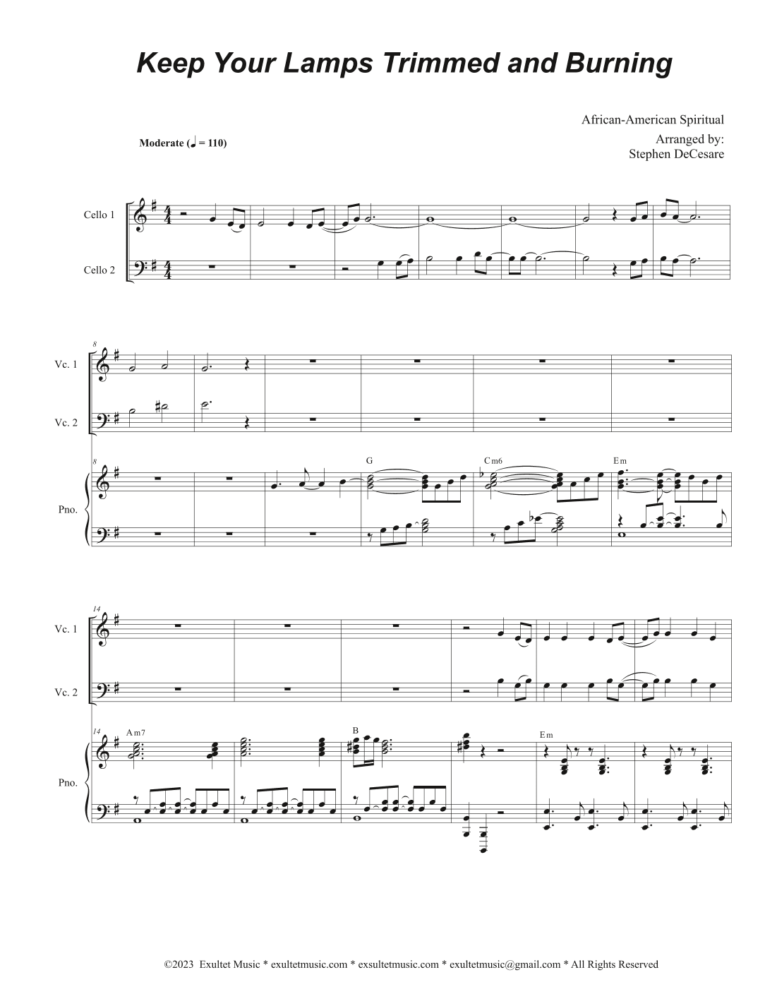 Keep Your Lamps Trimmed And Burning (Cello Duet - Alternate) (arr. Stephen DeCesare)