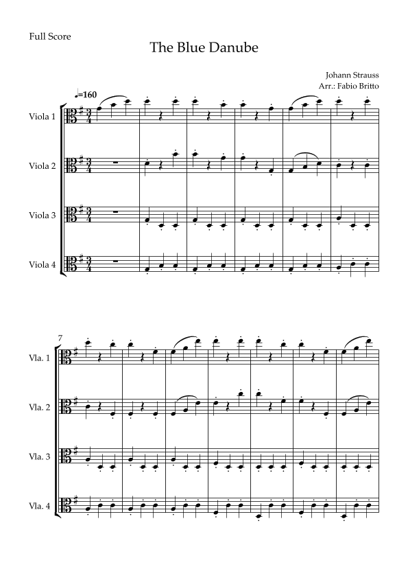 The Blue Danube (Waltz by Johann Strauss) for Viola Quartet (arr. Fabio Britto)