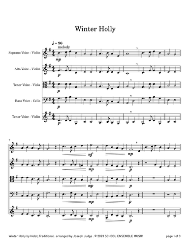 Winter Holly for String Quartet in Schools (arr. Joseph Judge)