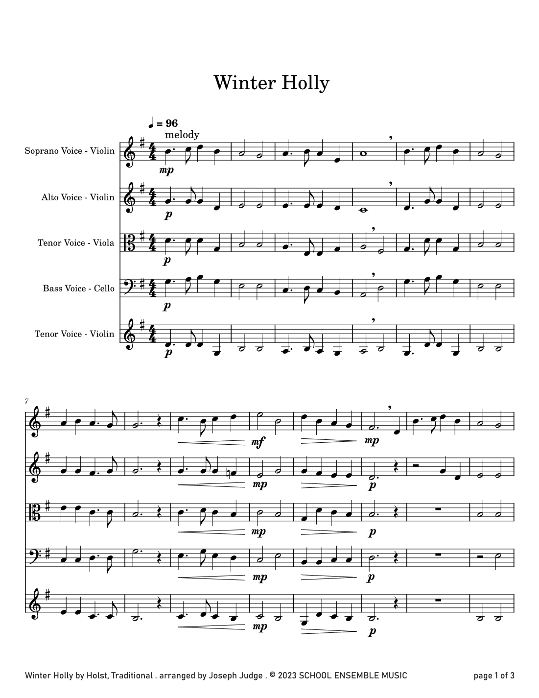 Winter Holly for String Quartet in Schools (arr. Joseph Judge)