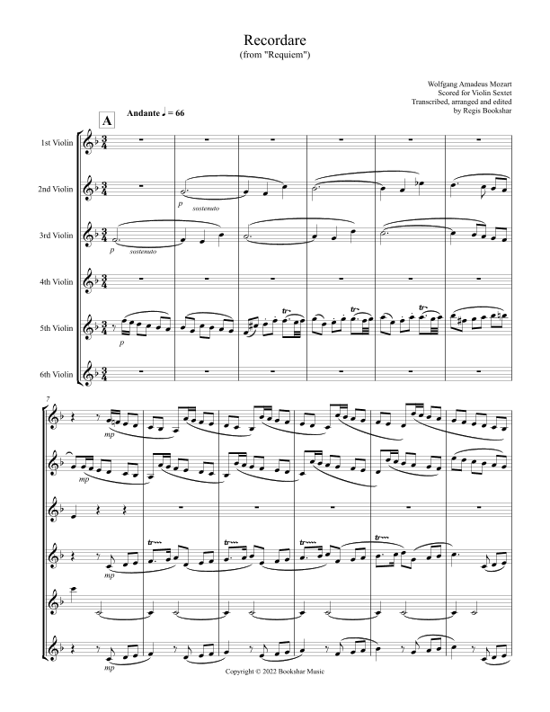 Recordare (from "Requiem") (F) (Violin Sextet) (arr. Regis Bookshar)
