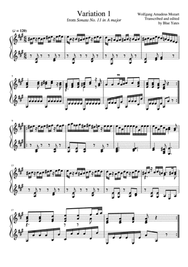 Variation 1 from 'Sonata No.11 in A' (Wolfgang Amadeus Mozart) (arr. Blue Yates)
