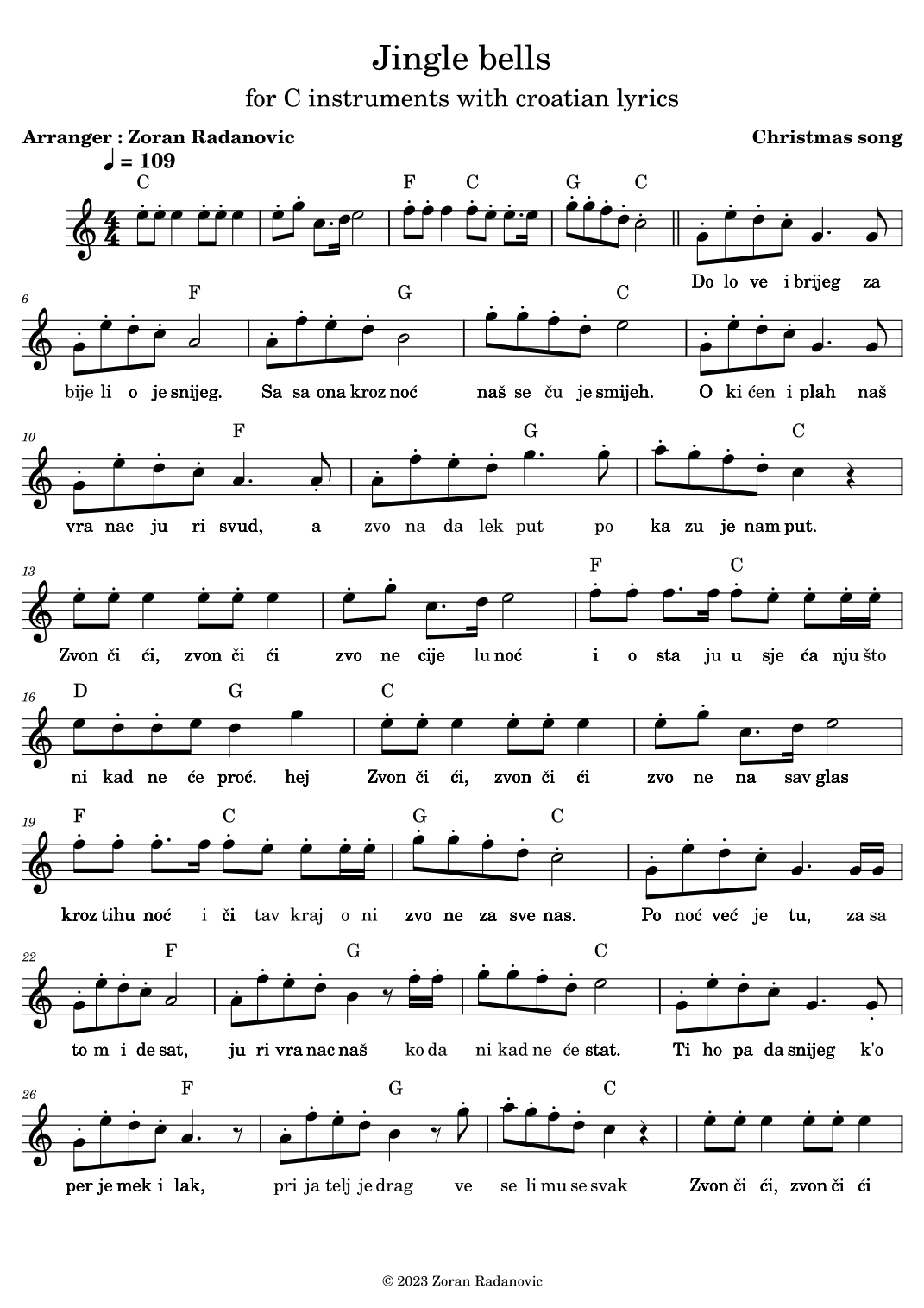 Jingle bells - for C instruments with croatian lyrics (arr. Zoran Radanovic)