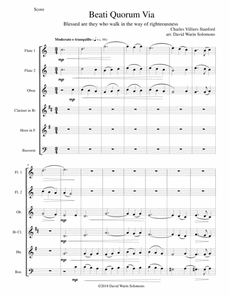 Beati Quorum Via (Blessed are they who walk) for wind sextet 2 flutes, oboe, clarinet, horn, bassoon (arr. David Warin Solomons)