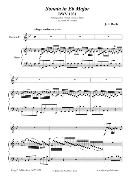 BACH: Sonata in Eb BWV 1031 for French Horn & Piano (arr. James Guthrie, ASCAP)