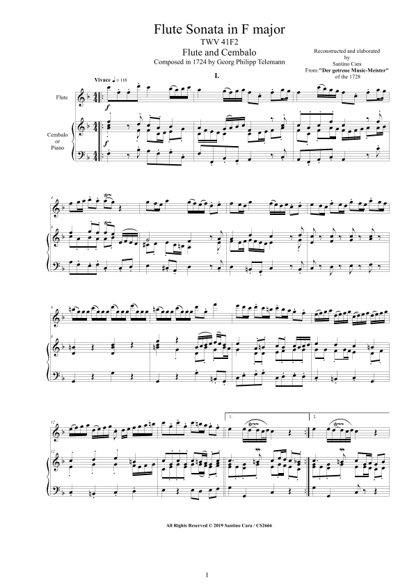 Telemann - Flute Sonata in F major TWV 41-F2 for Flute and Cembalo (or Piano) (arr. Santino Cara)