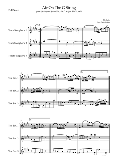 Air On The G String (J.S. Bach) for Tenor Saxophone Trio (arr. Fabio Britto)