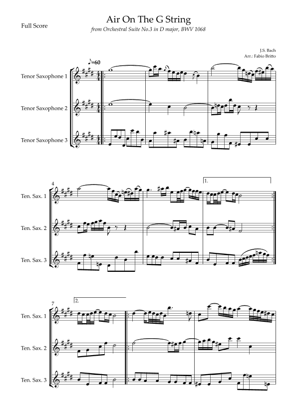 Air On The G String (J.S. Bach) for Tenor Saxophone Trio (arr. Fabio Britto)