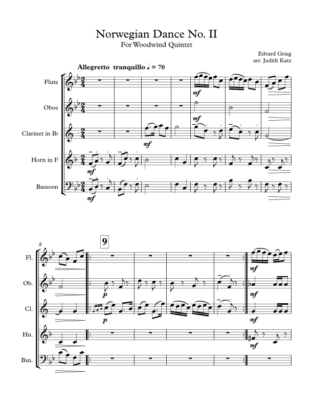 Norwegian Dance No. II - for woodwind quintet (arr. Judith Katz)