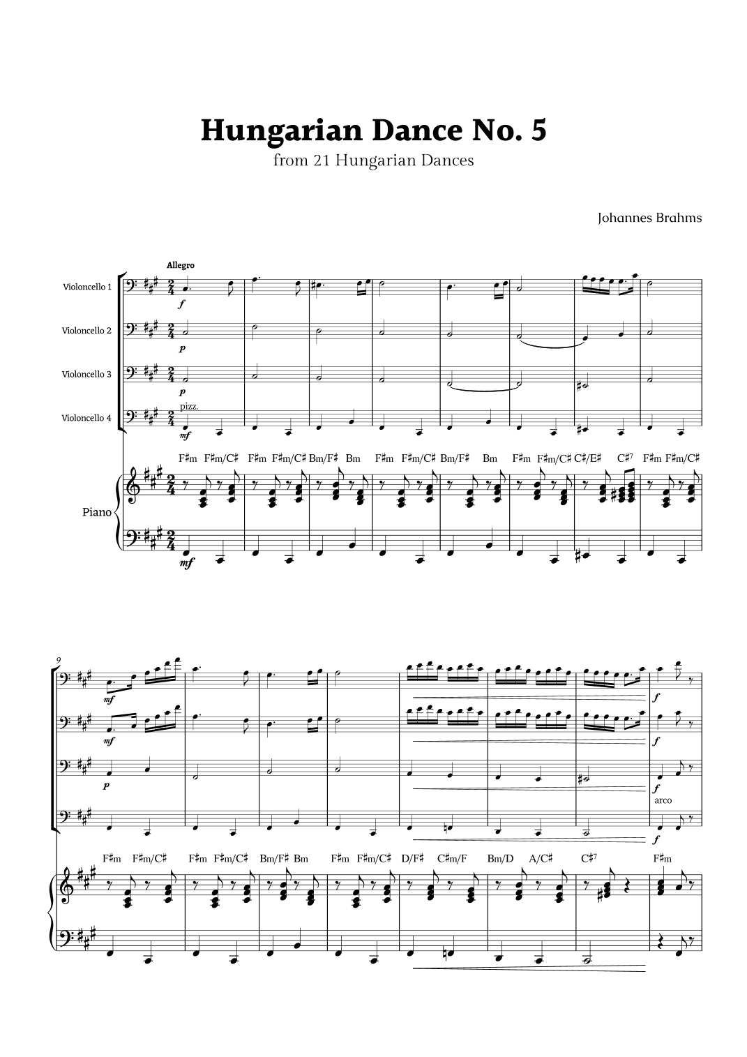 Hungarian Dance No. 5 by Brahms for Cello Quartet and Piano (arr. Rika K.)