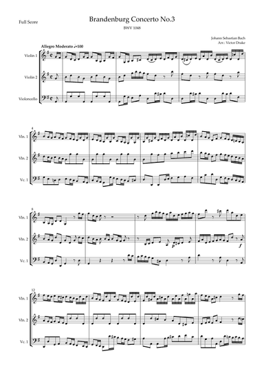 Brandenburg Concerto No. 3 in G major, BWV 1048 1st Mov. (J.S. Bach) for String Trio (arr. Victor Drake)