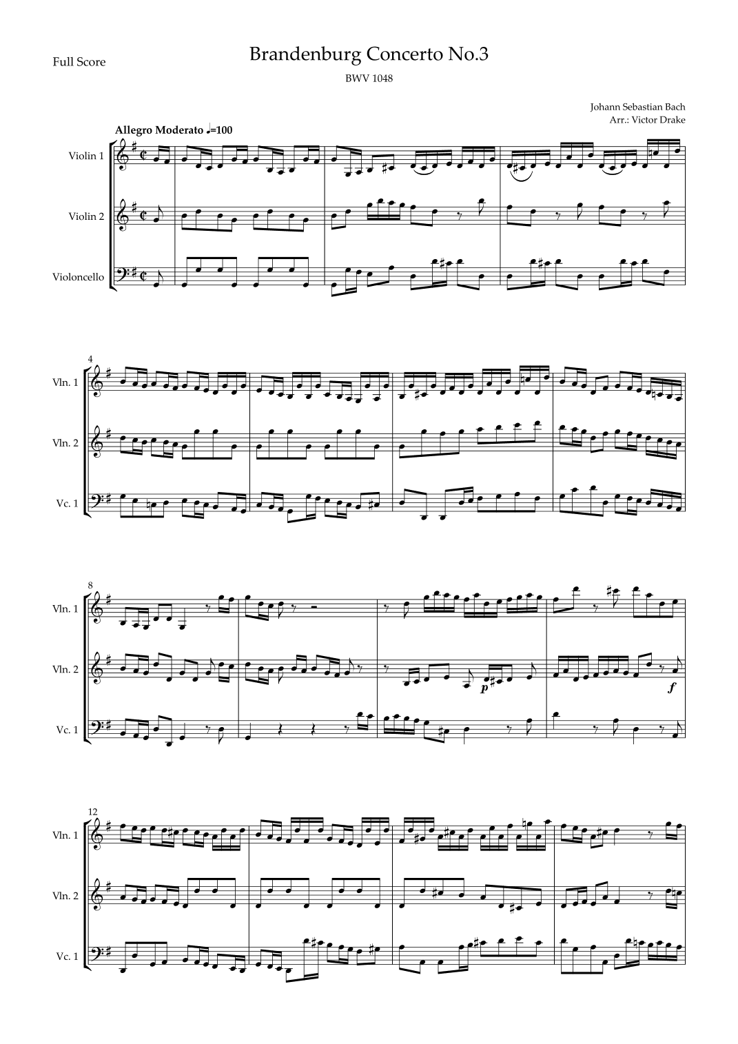 Brandenburg Concerto No. 3 in G major, BWV 1048 1st Mov. (J.S. Bach) for String Trio (arr. Victor Drake)
