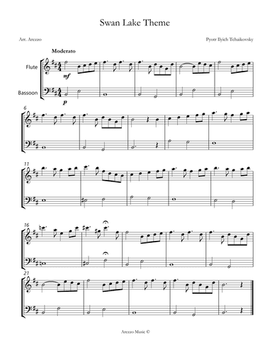 the swan lake theme sheet music for beginners Flute and Bassoon (arr. Arezzo Music)