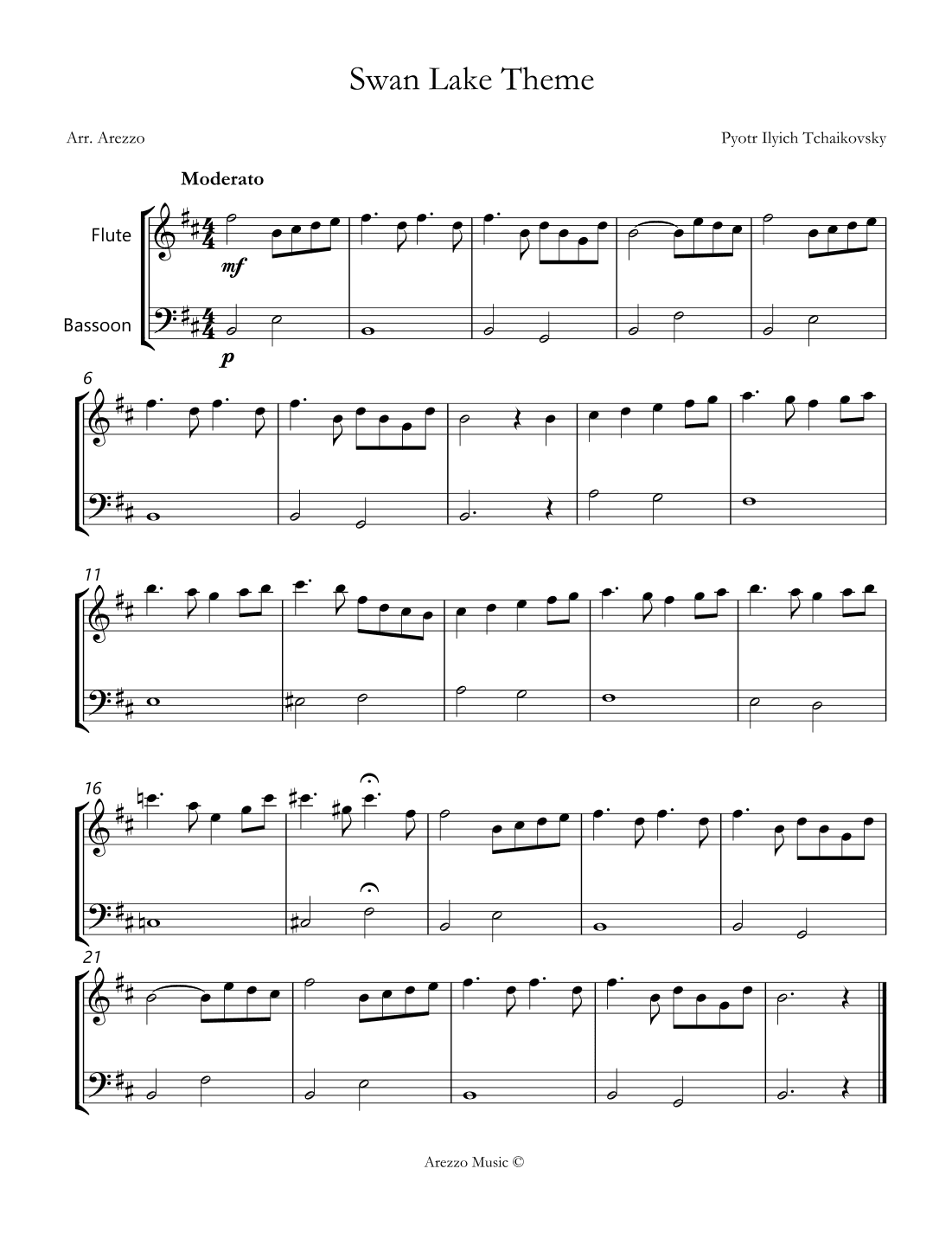 the swan lake theme sheet music for beginners Flute and Bassoon (arr. Arezzo Music)