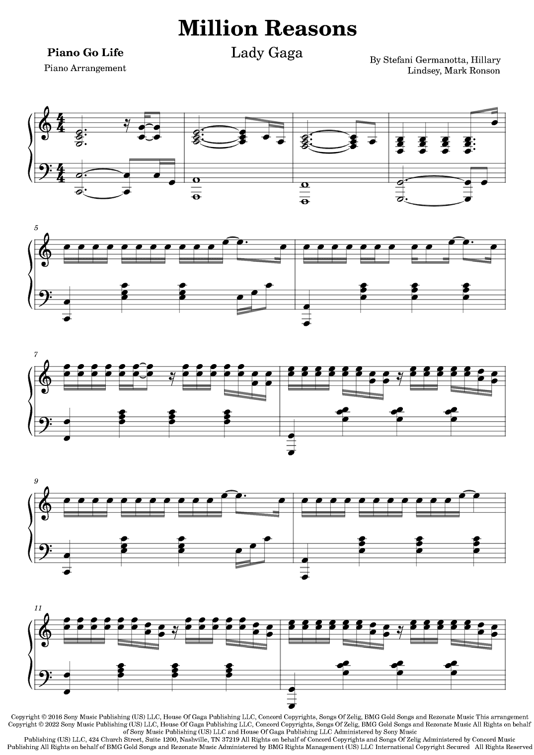 Million Reasons (arr. Piano Go Life)