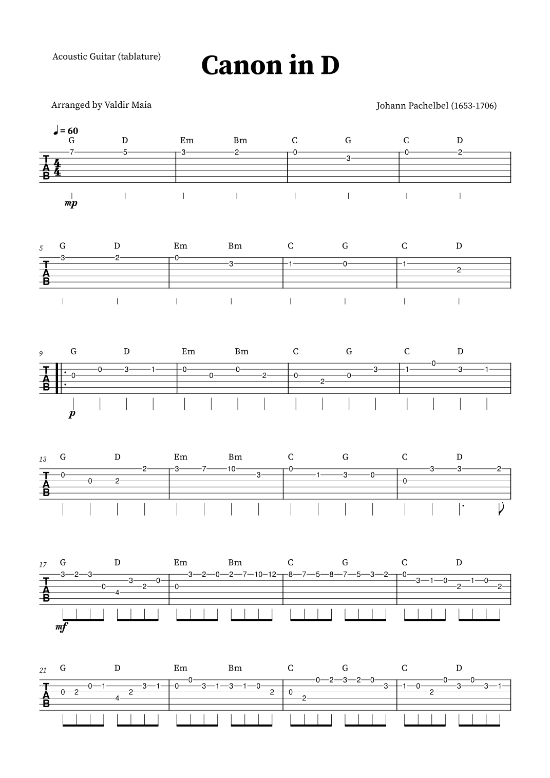 Canon in D - Acoustic Guitar TABLATURE  (+CHORDS) (arr. Valdir Maia)