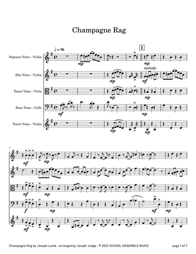 Champagne Rag by Joseph Lamb for String Quartet in Schools (arr. Joseph Judge)