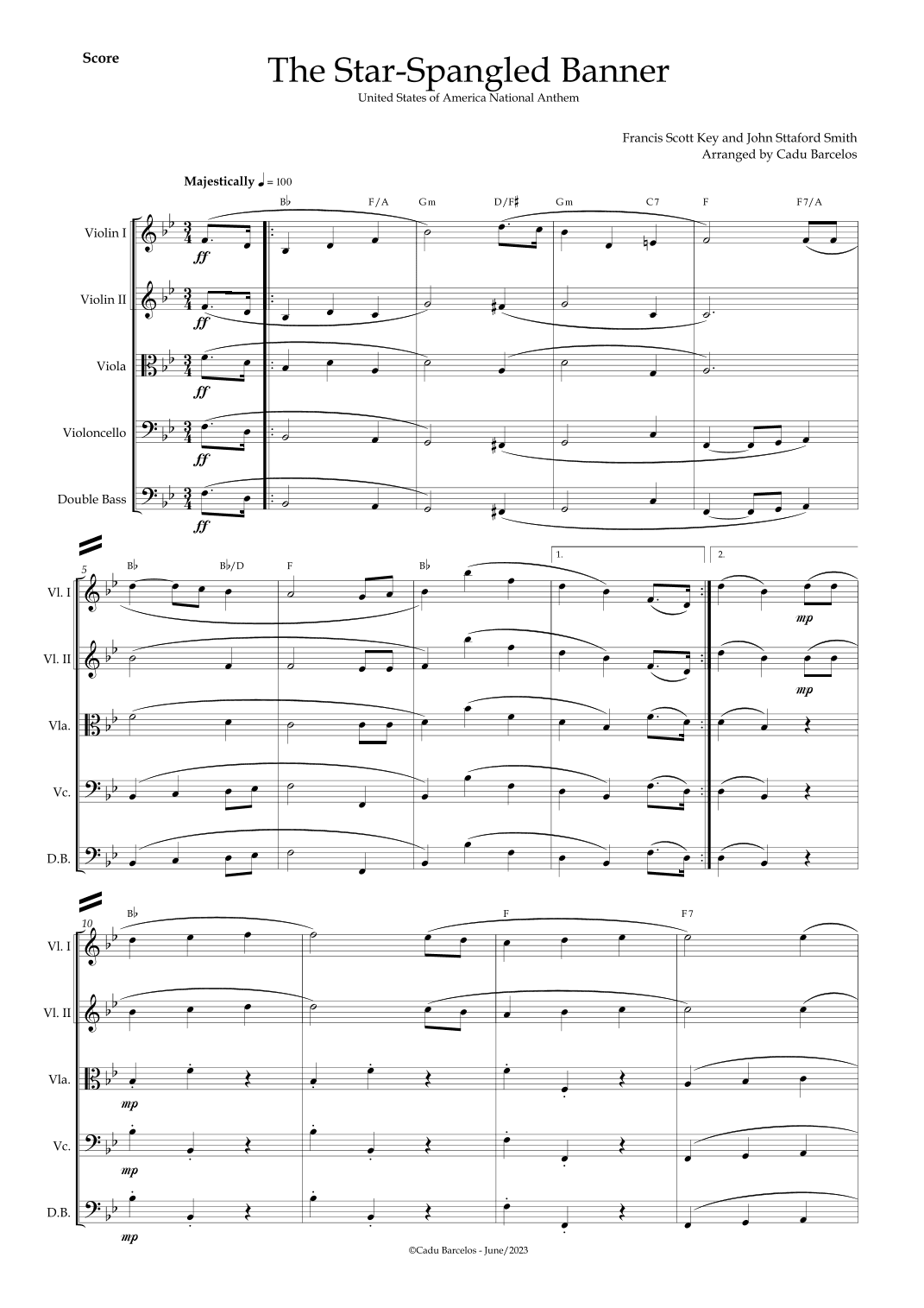 The Star-Spangled Banner - EUA Hymn (Strings Quintet) chords (arr. Cadu Barcelos)