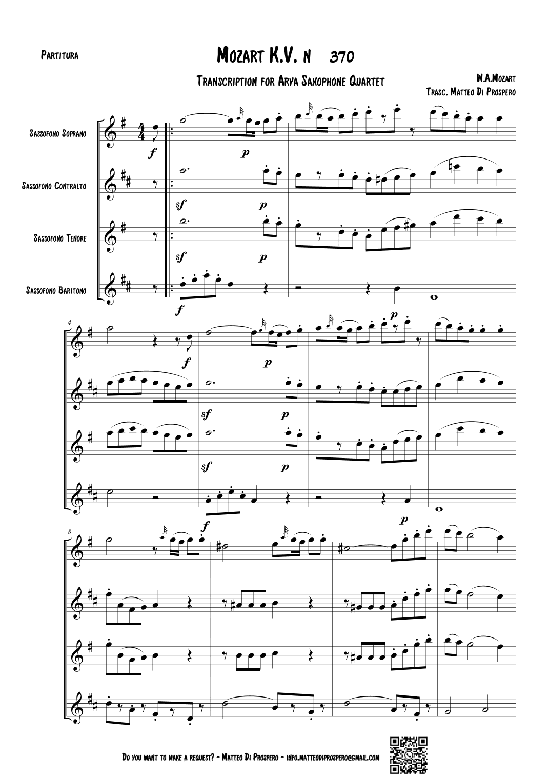 (Mozart) KV 370 for Sax Quartet (arr. Matteo Di Prospero)