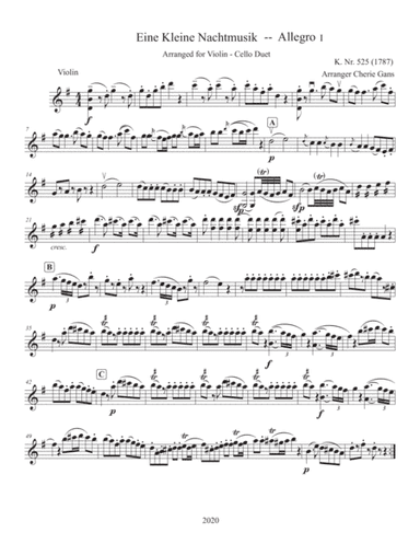 Mozart Eine Kleine Nachtmusik arranged for Violin - Cello Duet (arr. Cherie Gans)