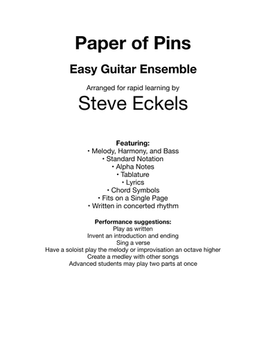 Paper of Pins for Easy Guitar Ensemble (arr. Steve Eckels)