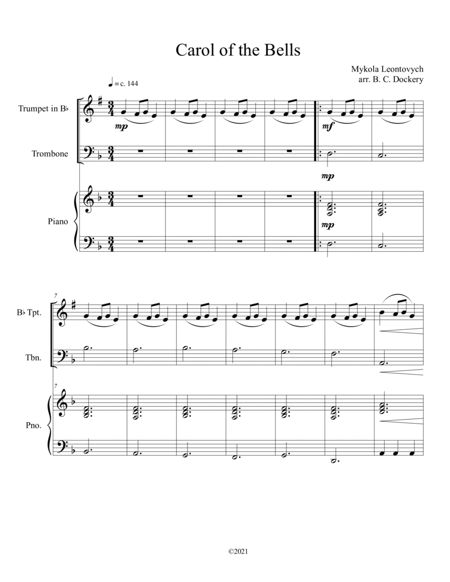 Carol of the Bells (Trumpet and Trombone Duet with Piano Accompaniment) (arr. B. C. Dockery)