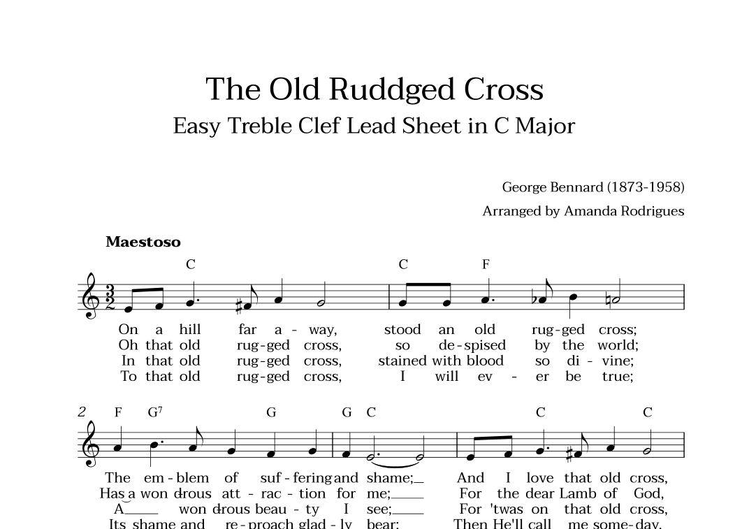 The Old Rugged Cross in C Major - Easy Treble Clef Lead Sheet (arr. Amanda Cerqueira Rodrigues)