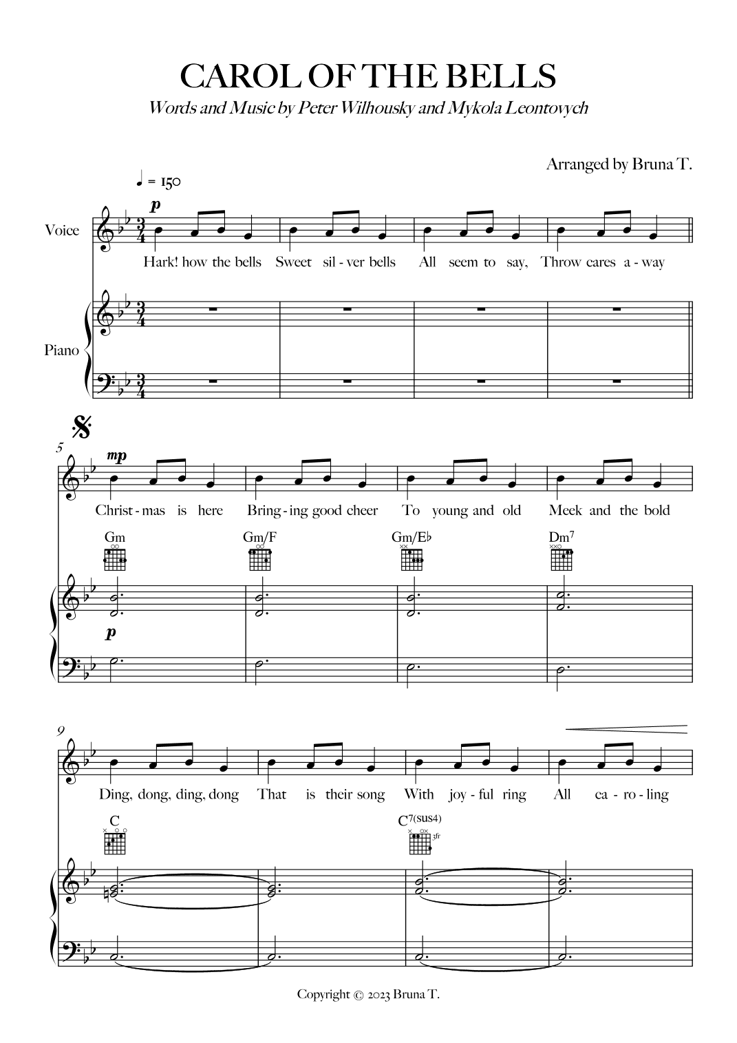 Carol of The Bells (Piano, Guitar and Voice) (arr. Bruna T.)