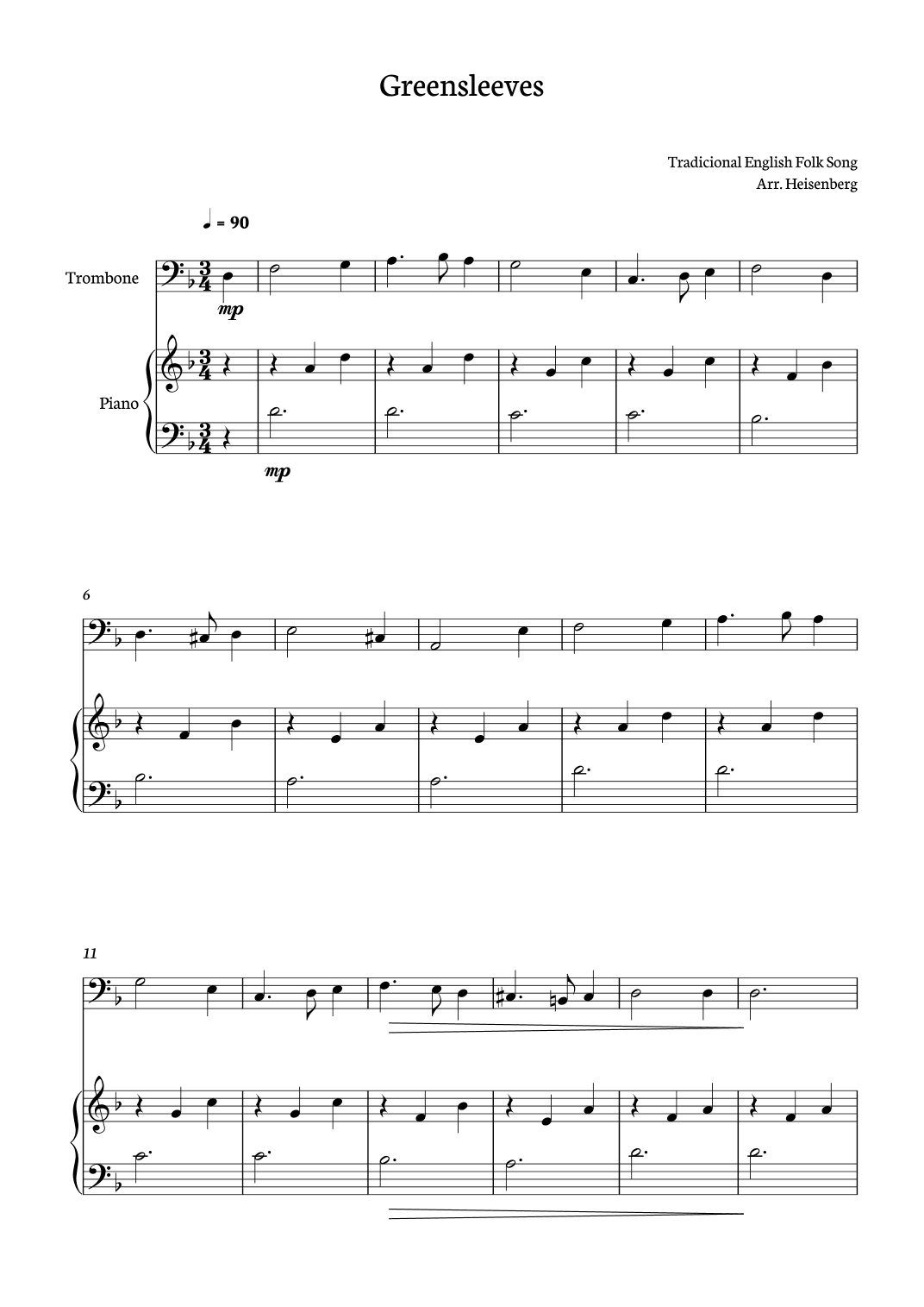 Greensleeves for Trombone with piano accompaniment. (arr. Heisenberg)