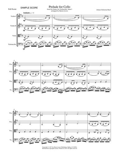 PRELUDE FROM CELLO SUITE NO. 1 by Bach String Quartet, Intermediate Level for 2 violins, viola and c (arr. Sherry Lewis)