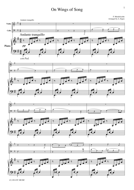 Mendelssohn  On Wings of Song, for piano trio, PM102 (arr. A. Eigen)