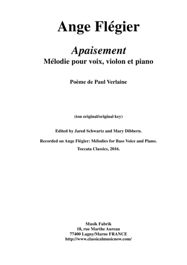 Ange Flégier:  Apaisement for medium voice, violin and piano (arr. Musik Fabrik Music Publishing)