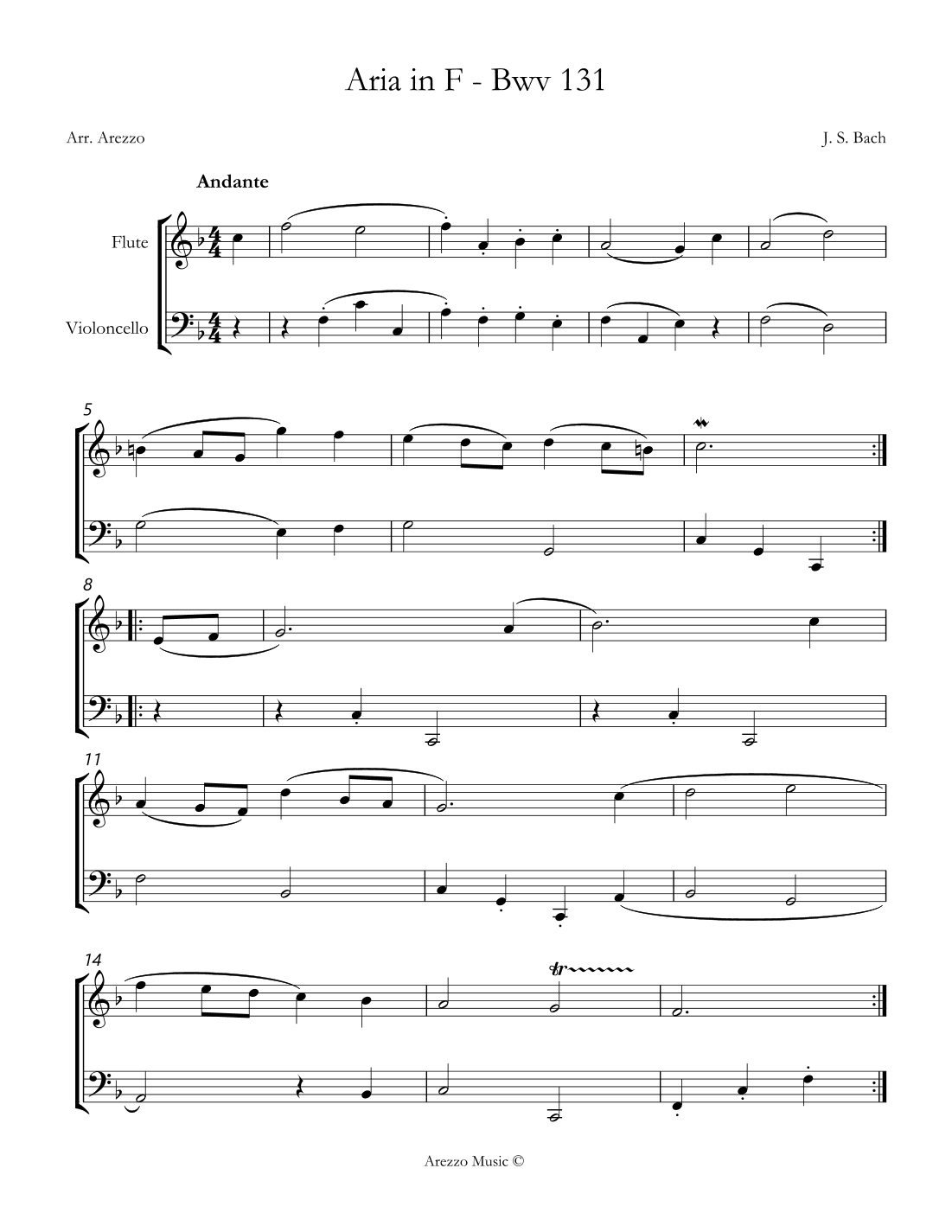 bach bwv anh. 131 gavotte in f major Flute and Cello Sheet Music (arr. Arezzo Music)